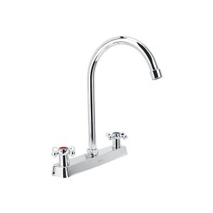 Mezcladora 8″ p/fregadero, cuello curvo, manerales cruceta