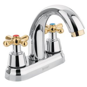 Mezcladora lavabo 4″ cromo-oro, nariz curva, cruceta, AQUA